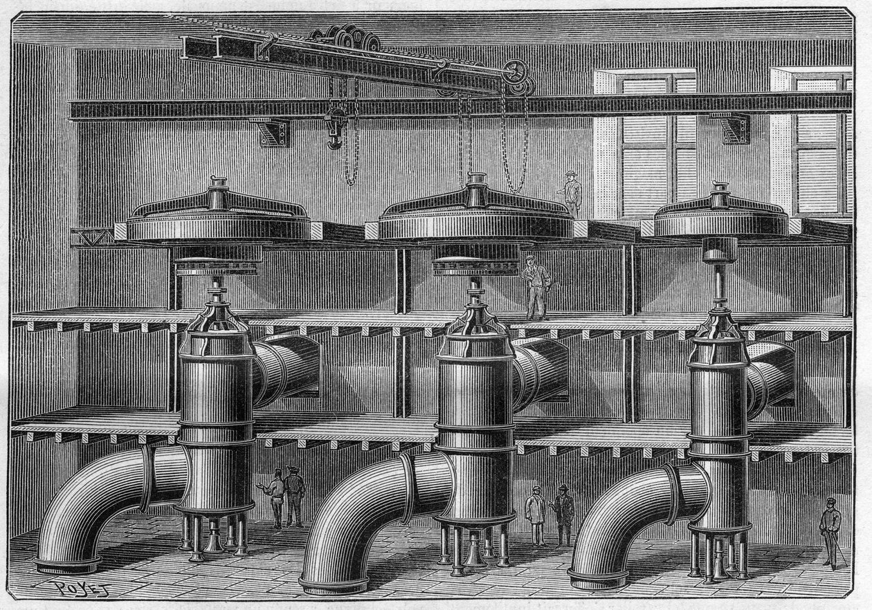 Výroba hliníku; instalace turbín a dynam v závodě Neuhausen (Švýcarsko). Gravírování v "" přírodě. Vědecký časopis a jeho aplikace v umění a průmyslu. od French School