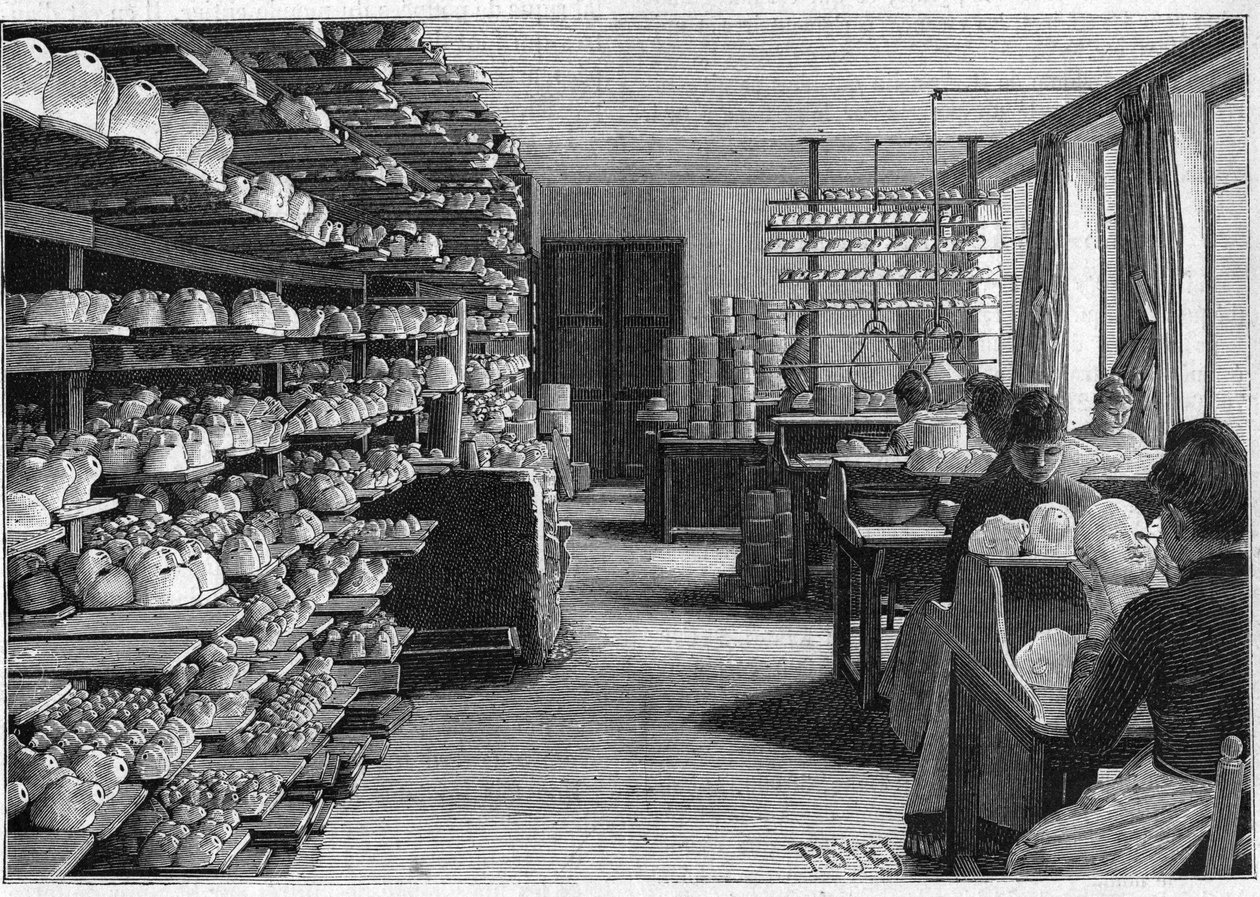 Výroba montreuilských panenek v roce 1888. Místnost pro sušení hlav panenek před vařením a dekupáž očí. od French School