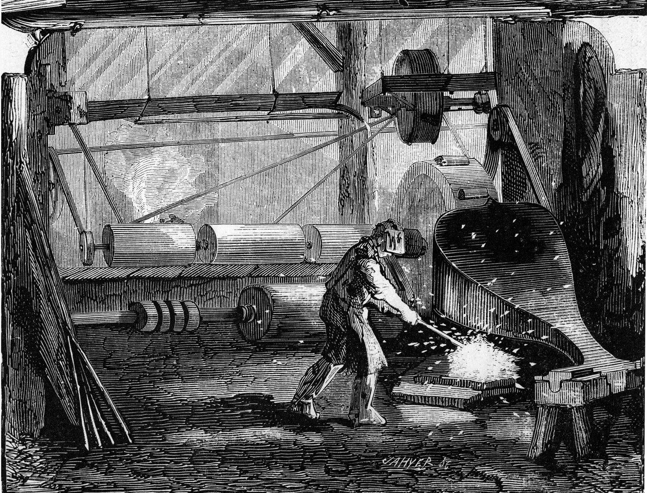 Výroba puškových kanónů: železné pásy jsou červené prázdné. Rytina v „“ Le Monde Illustré““ č. 35 z 12. prosince 1857. od French School
