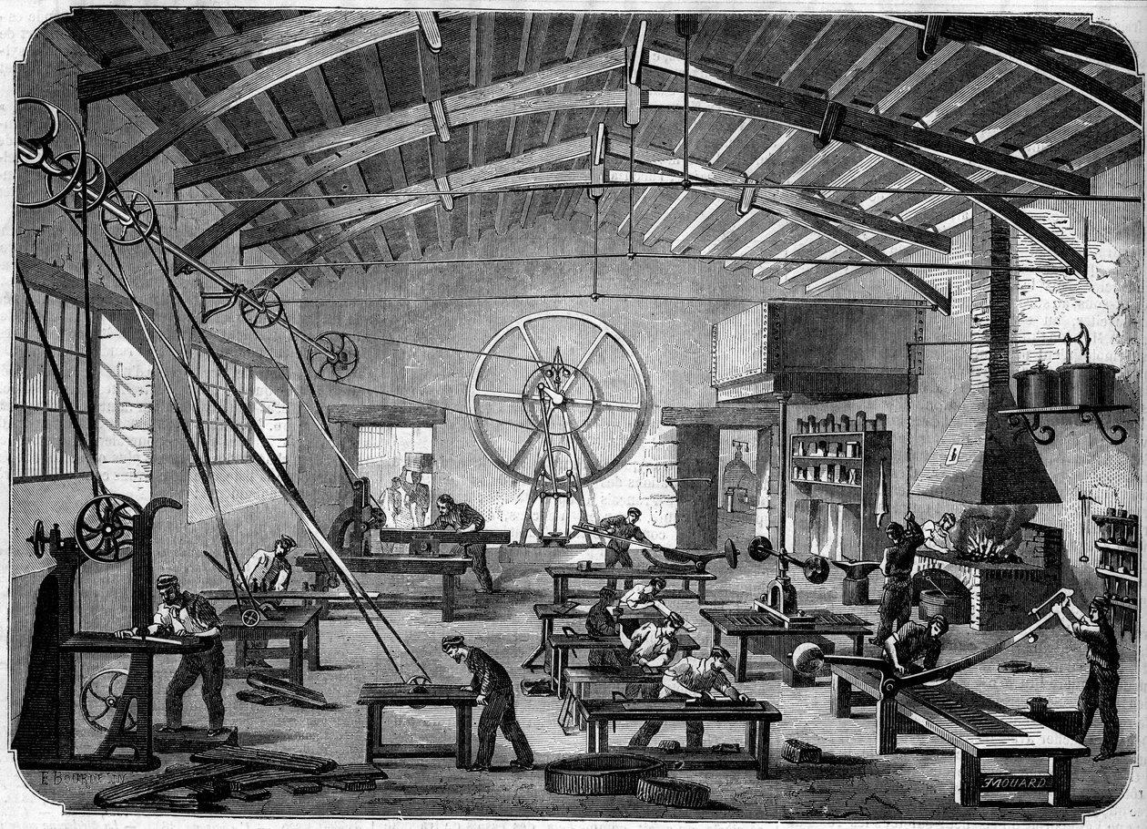 Výroba plechových rolet v dílnách Hippolyte Chameroy od French School