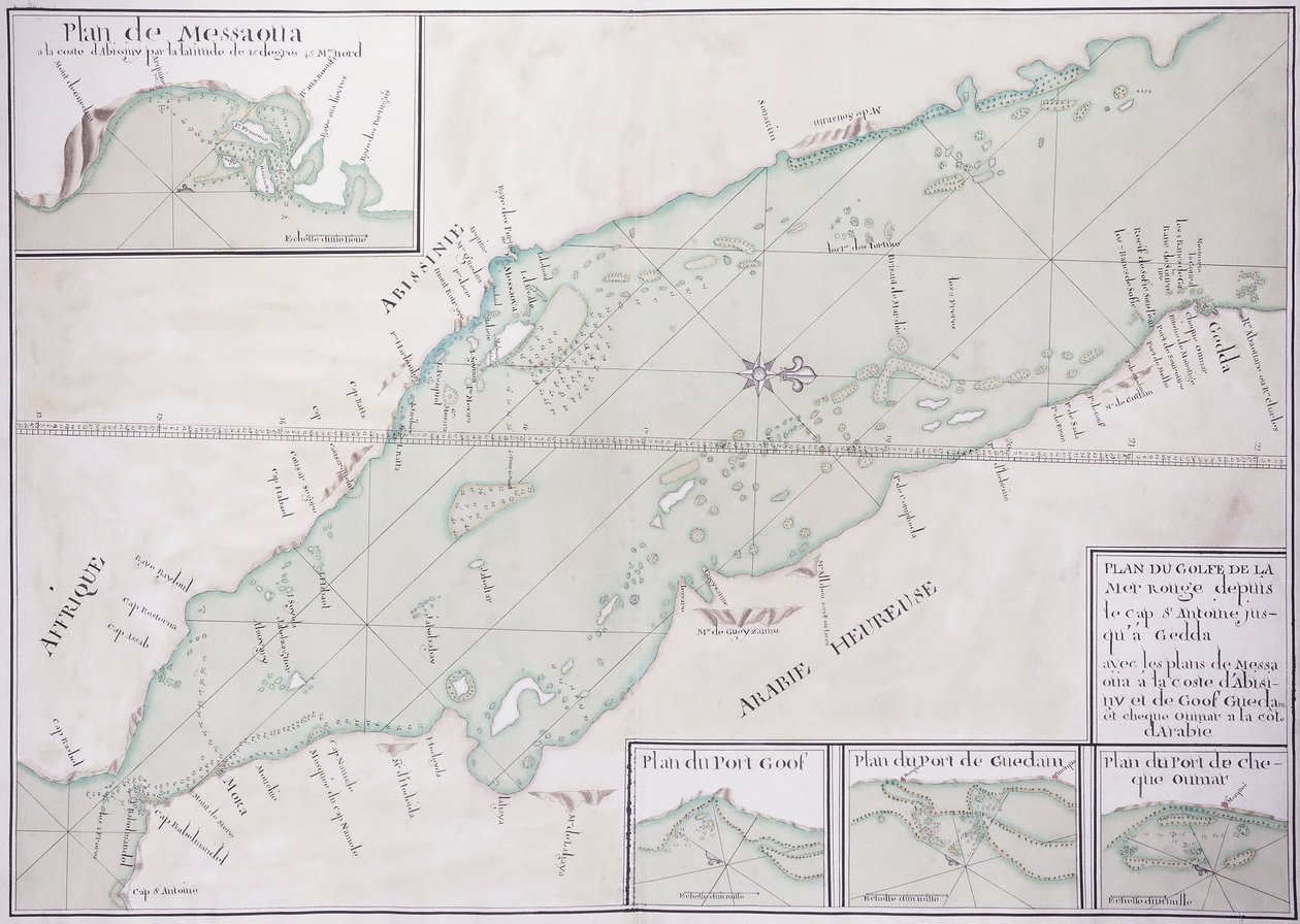 Rukopisná mapa jižní části Rudého moře od Afrického rohu a Jemenu až po Jiddah, kolem roku 1740 od French School