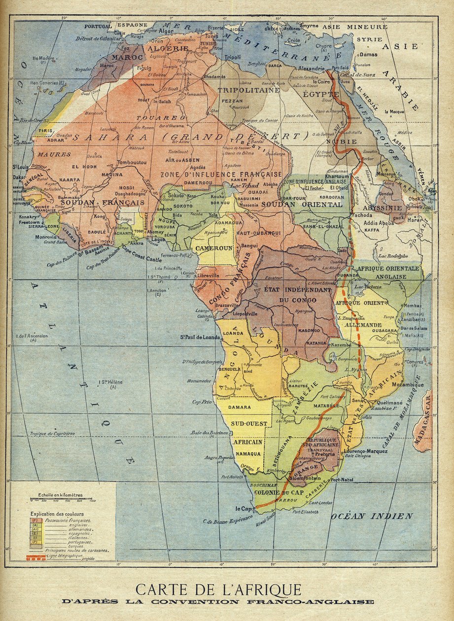 Mapa Afriky po podepsání anglo-francouzské dohody z března 1899 (barevné lito) Ilustrace pro Le Petit Journal, 9. dubna 1899 (rytina) od French School