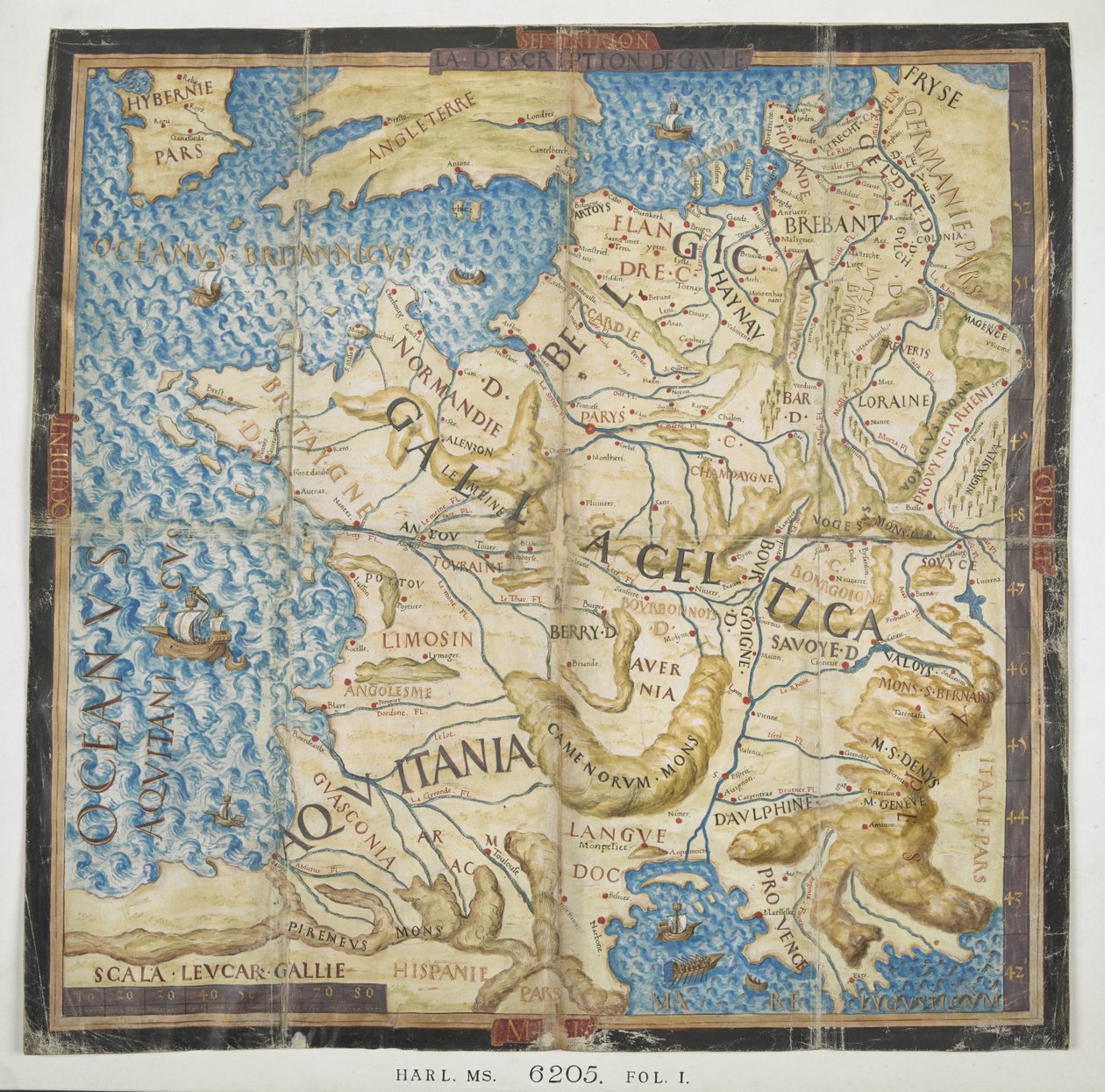 Mapa starověké Evropy z „Les Commentaries de la Guerre Gallique“ (Kniha I) od Françoise Desmoulinse de Rochefort od French School