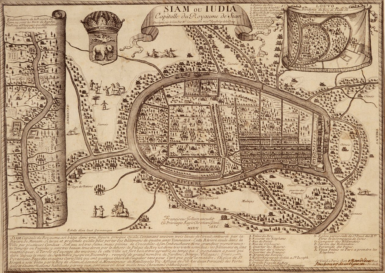 Mapa Ayutthayi, 1686 (tuš na papíře) od French School
