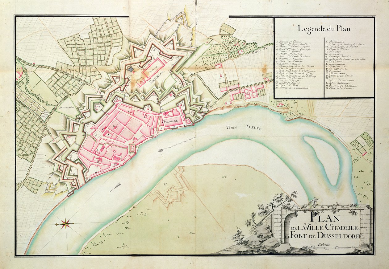 Mapa Düsseldorfu (pero a inkoust na papíře) od French School