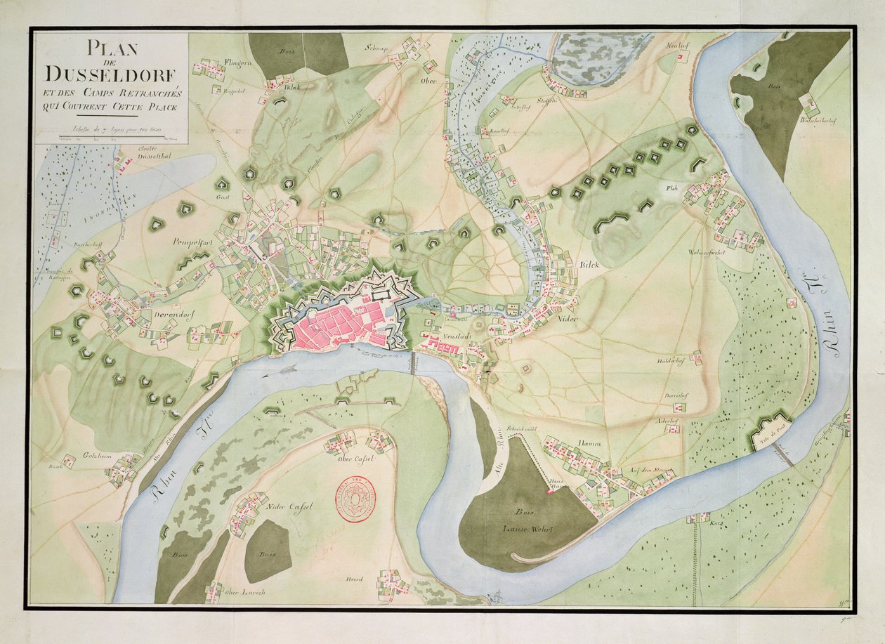 Mapa Düsseldorfu a opevněných táborů od French School