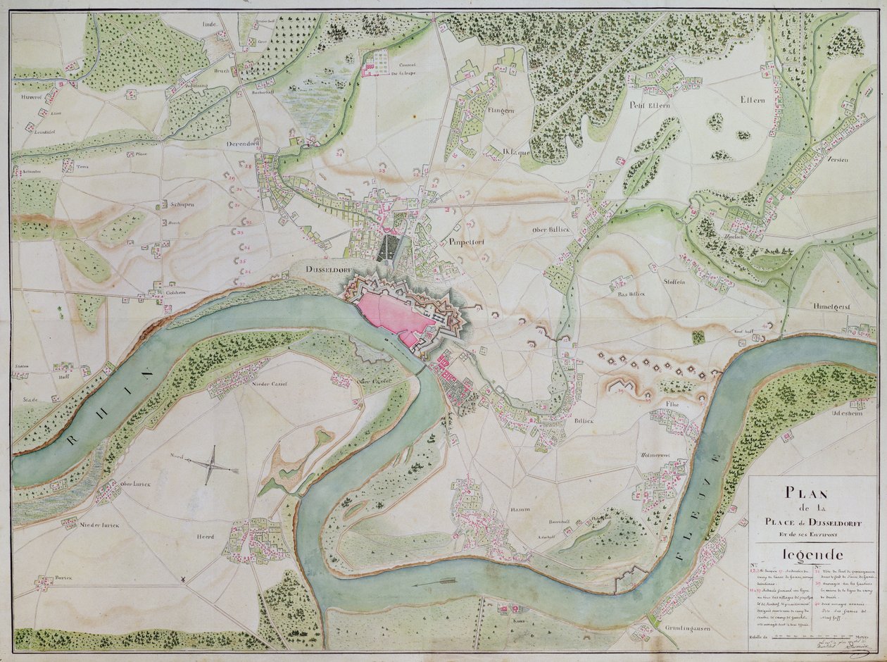 Mapa Düsseldorfu a okolních oblastí (pero a inkoust na papíře) od French School