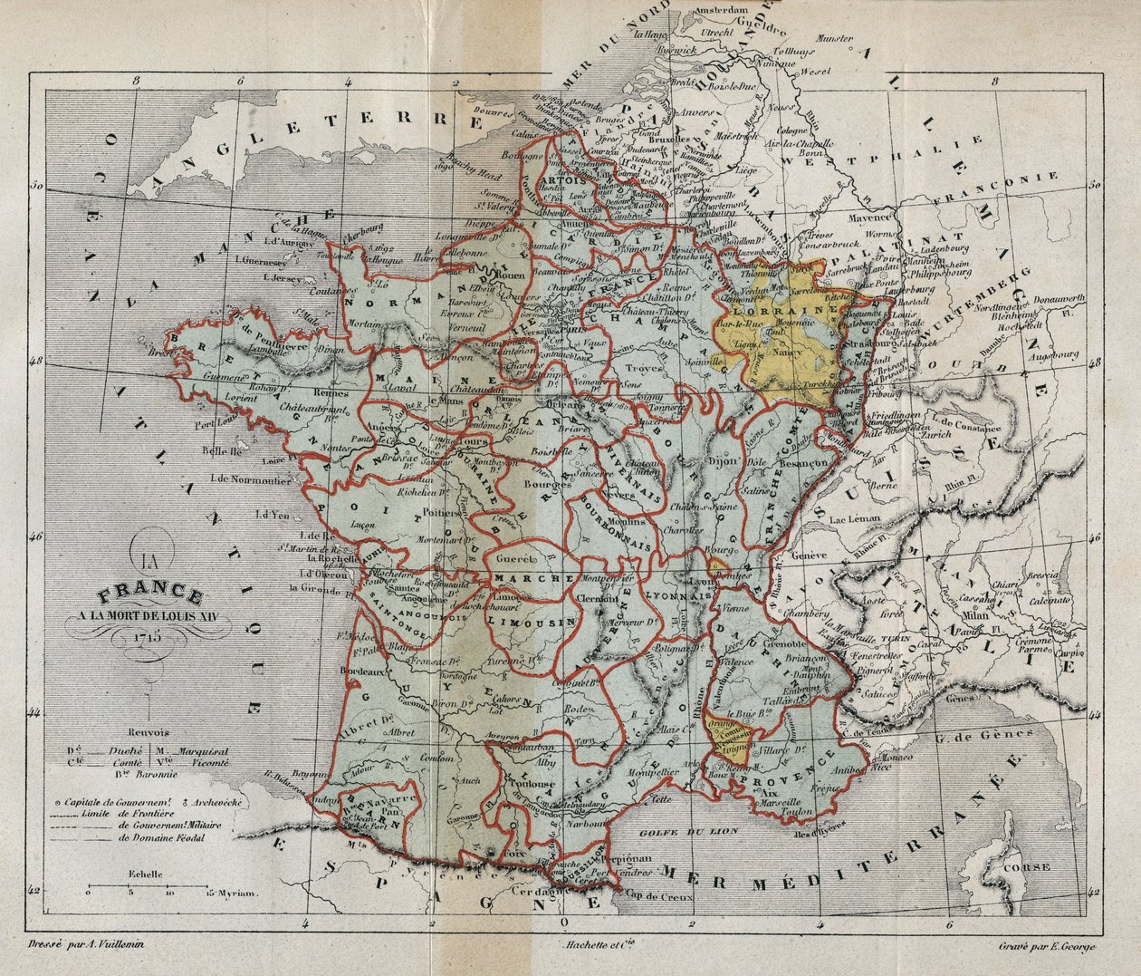 Mapa Francie o smrti Ludvíka XIV. v roce 1715 - Plan de La france a la mort de Louis XIV en 1715 - rytina v „“ Histoire de France“ od Victora Duruye (1811-1894) - 1882 od French School
