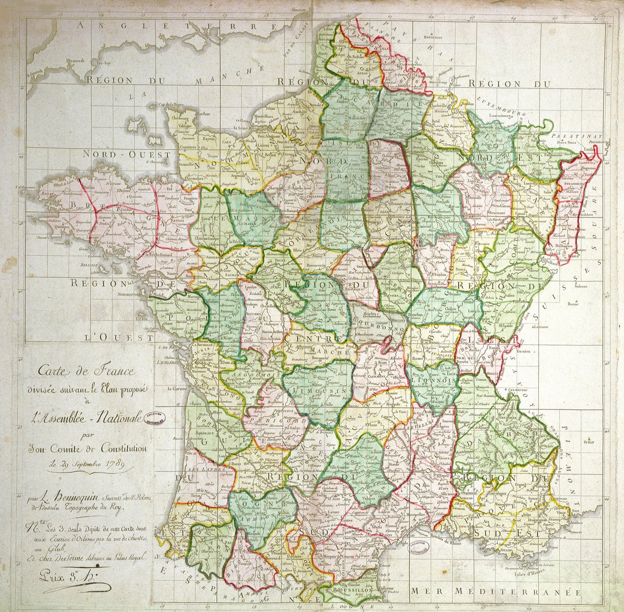Mapa Francie zobrazující plány na rozdělení departementů, 1789 (barevné lito a inkoust) od French School