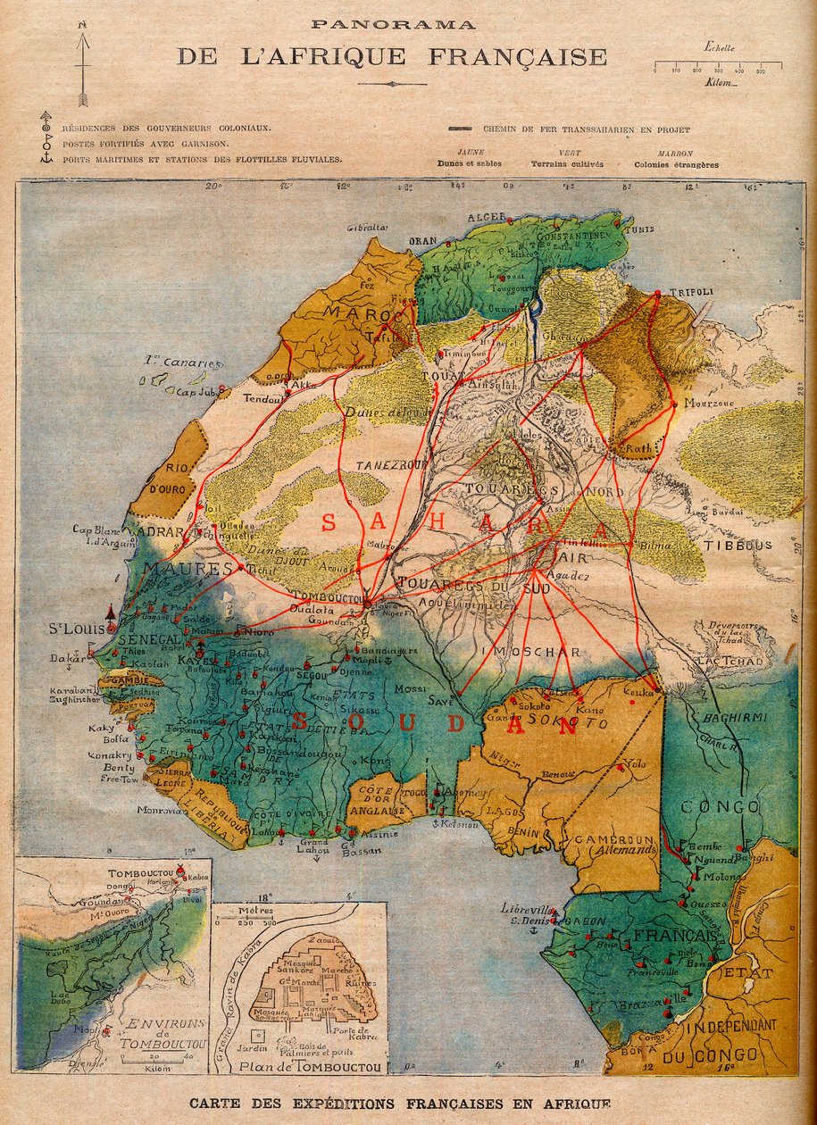 Mapa francouzských expedic v Africe, ilustrace z „Le Petit Journal“ z 5. března od French School