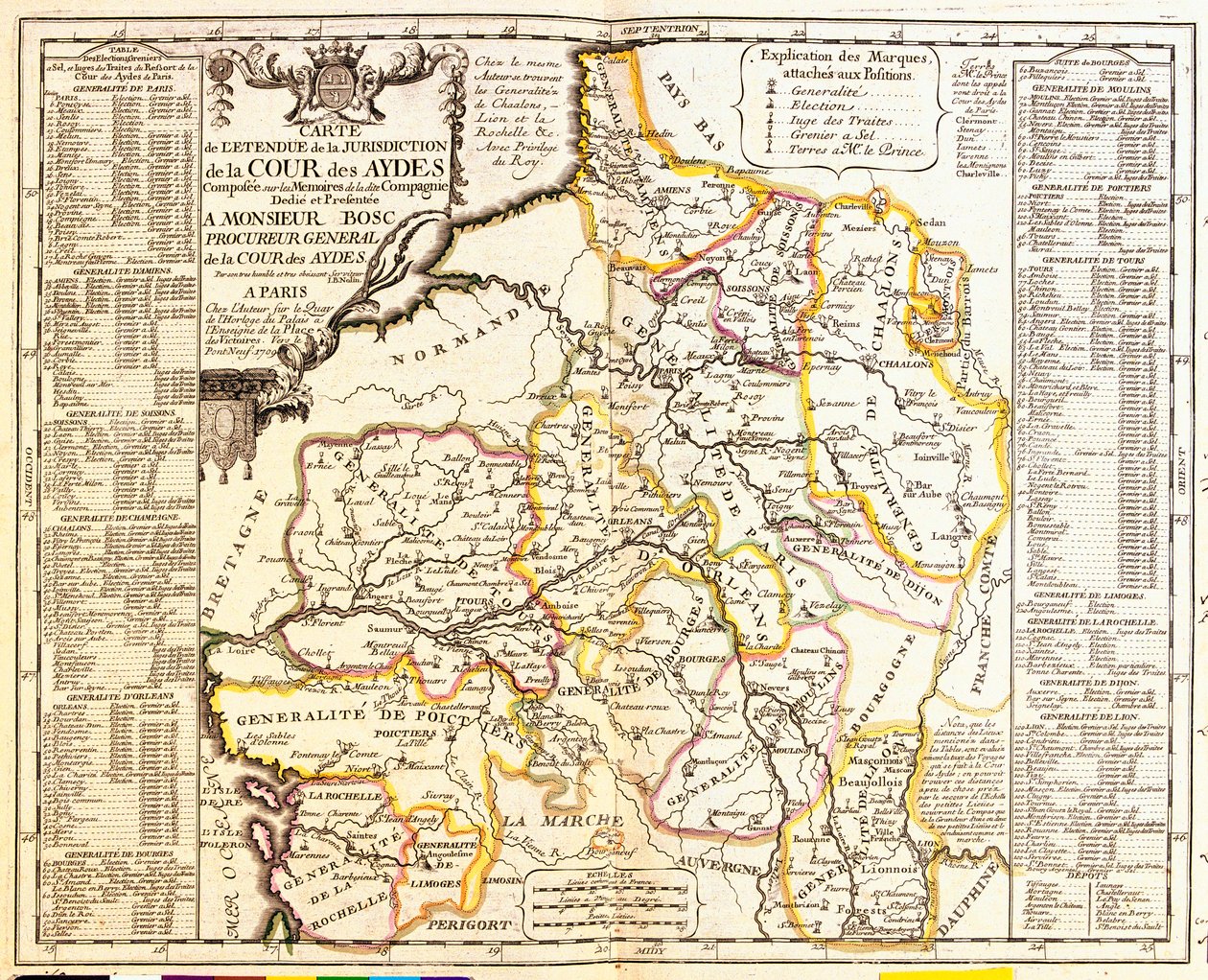 Mapa francouzských území pod daní, 1709, z Le Theater du Monde od Jean-Baptiste Nolina, vydáno 1717 (ručně kolorovaná rytina) od French School