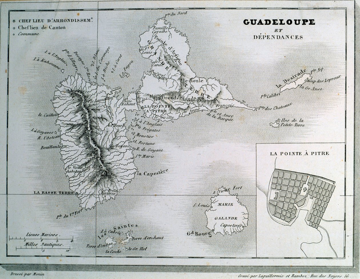 Mapa Guadeloupe a jeho závislostí. Rytina 19. století. Chartres, Muzeum výtvarných umění od French School