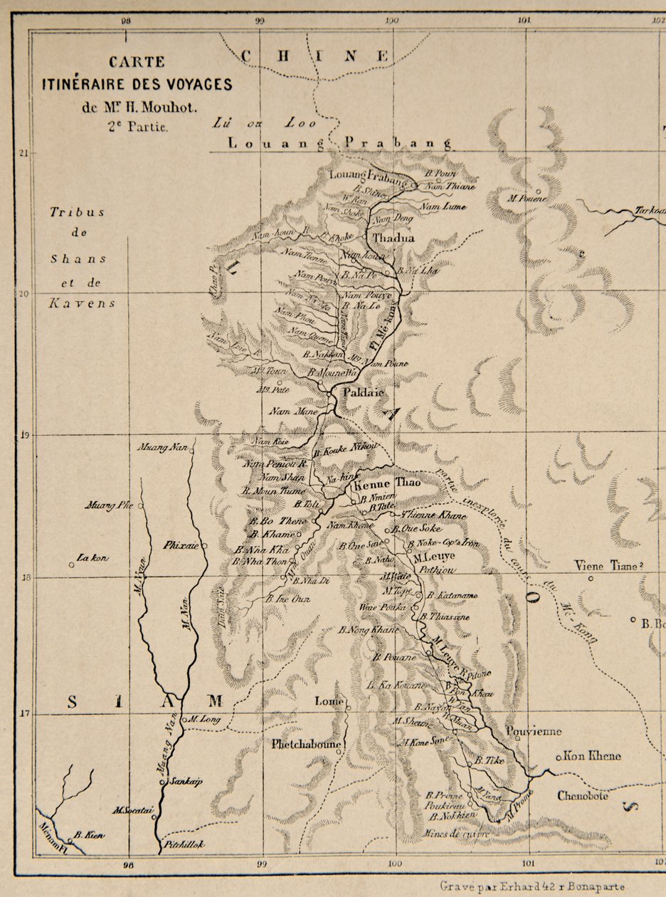 Mapa Laosu a řeky Mekong zobrazující trasu plavby Henriho Mouhota, ilustrace z Cesty po centrálních částech Indočíny (Siam), Kambodži a Laosu v letech 1858, 1859, a od French School