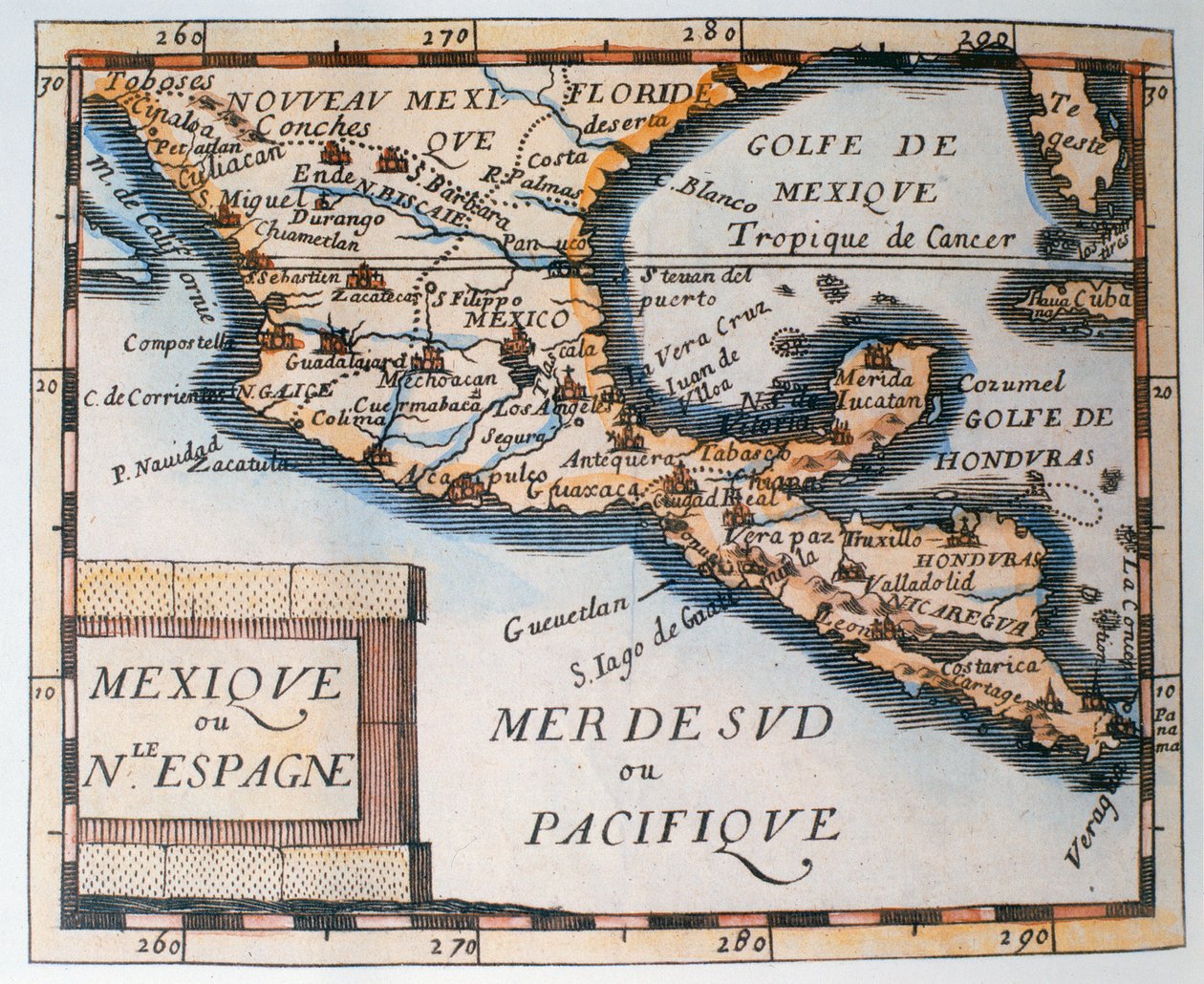 Mapa Mexika nebo Nového Španělska, 1625 od French School
