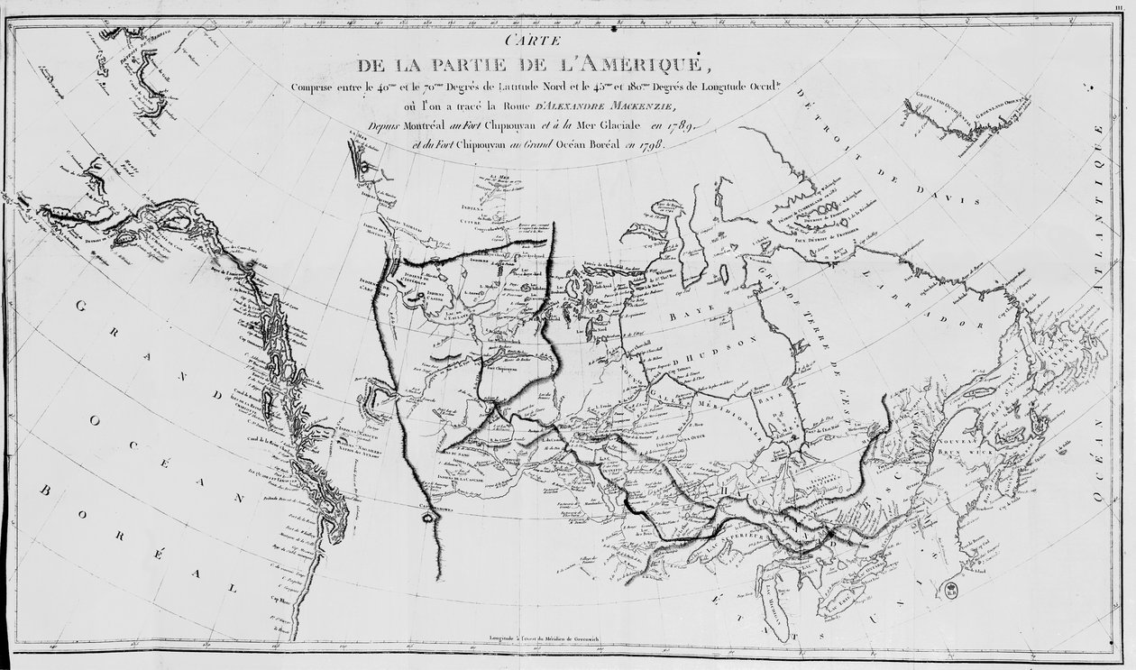 Mapa Severní Ameriky, zakreslující expedice sira Alexandra Mackenzieho v letech 1789 a 1798 do Severního ledového oceánu od French School