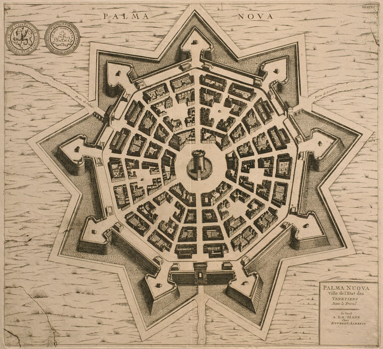 Mapa Palmanova, z Les Villes de Venetie, 1704, publikoval Rutgert Alberts v Haagu od French School