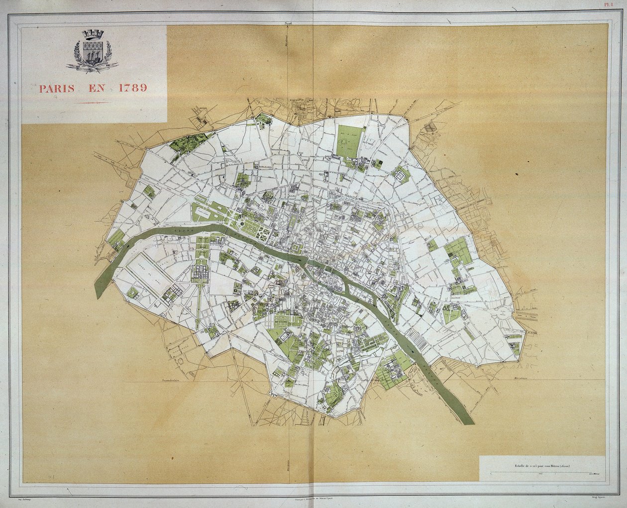 Mapa Paříže z roku 1789, převzata z knihy "Les Travaux de Paris 1789-1889, Atlas", Imprimerie Nouvelle od French School