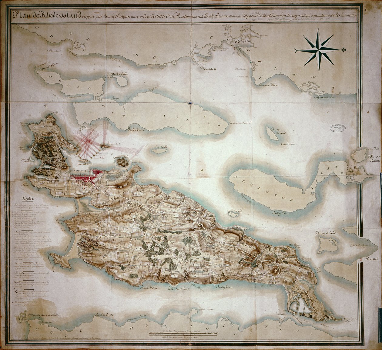 Mapa Rhode Island v době jeho okupace 1780-81 francouzskou armádou na příkaz Jean-Baptiste de Vimeur (1725-1807) hraběte z Rochambeau od French School