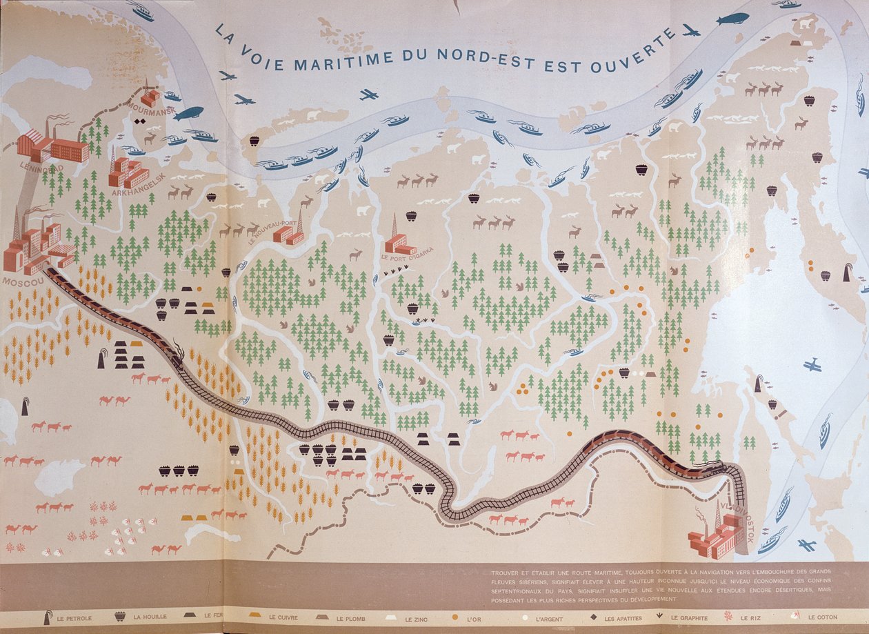 Mapa Sibiře zobrazující obrovské přírodní zdroje oblasti a námořní cestu, která by otevřela obchod, 1933 od French School