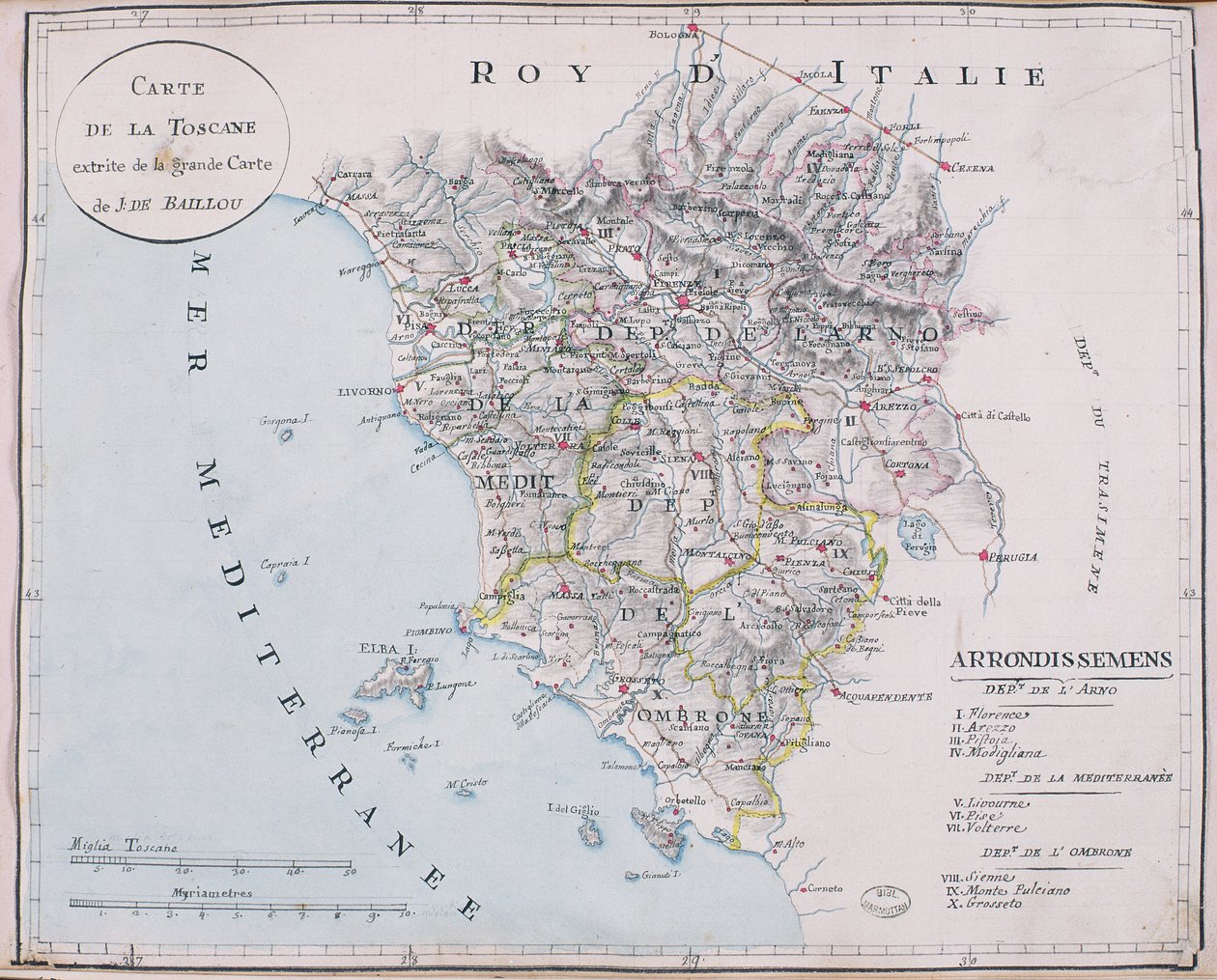 Mapa Toskánska, detail velké mapy J. de Baillou (tužka, inkoust a akvarel na papíře) od French School
