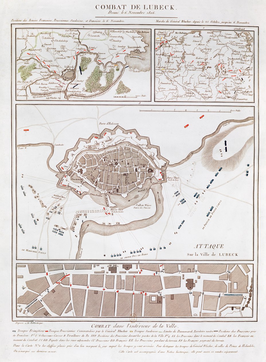 Mapa bojů v bitvě u Lubecku, zobrazující pozice francouzské, pruské, švédské a dánské armády od French School