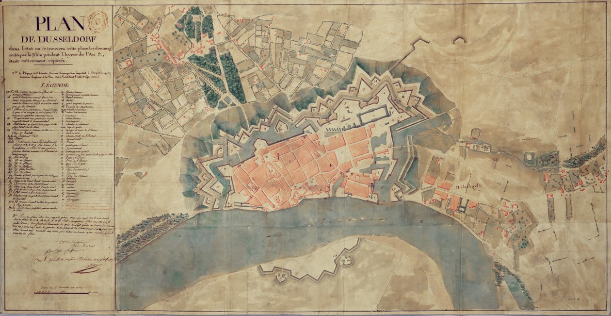 Mapa škod způsobených Rýnem, Düsseldorf, 1799 od French School