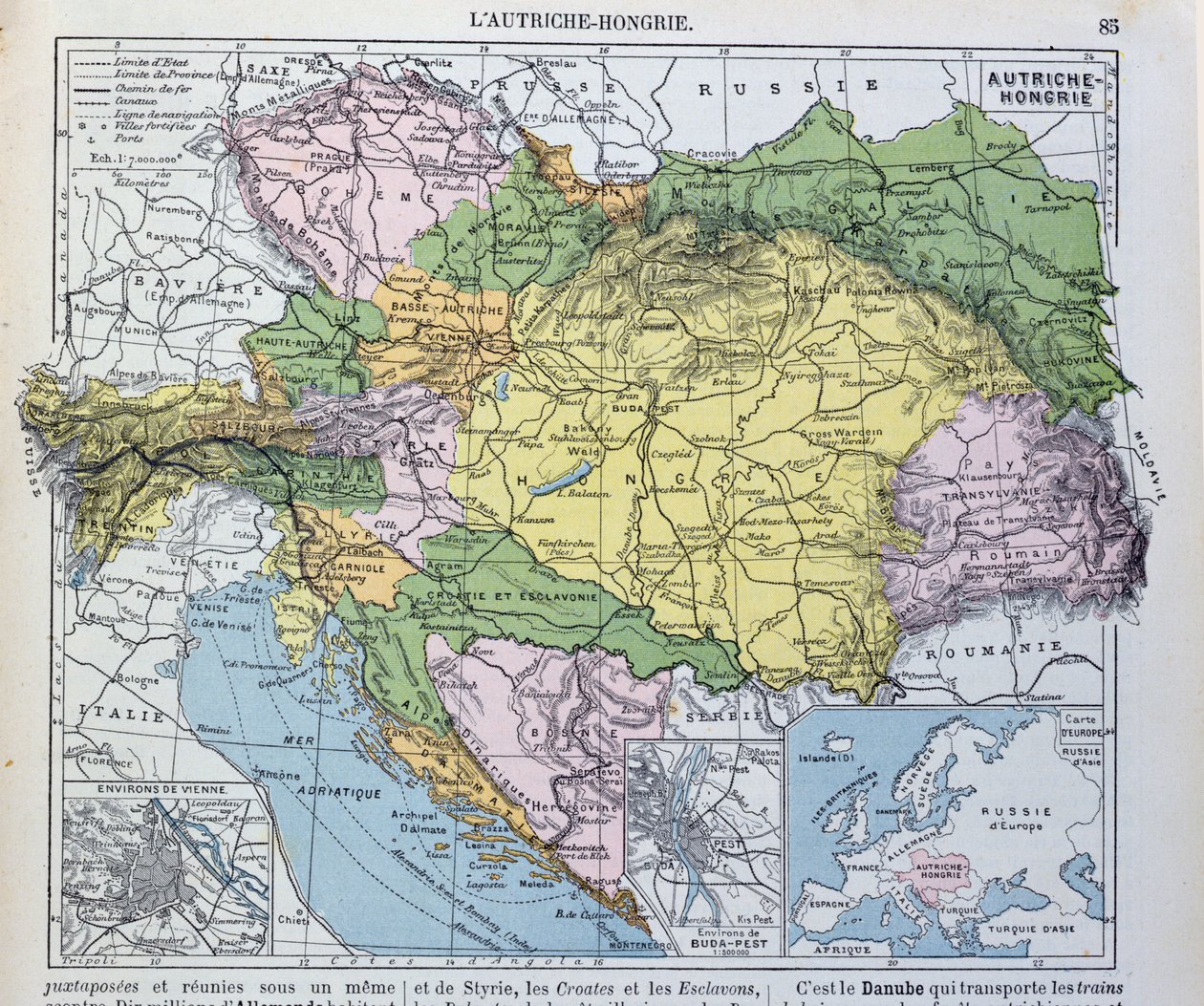 Mapa rakousko-uherské říše, ilustrace ze školní učebnice francouzského zeměpisu, 1905 od French School