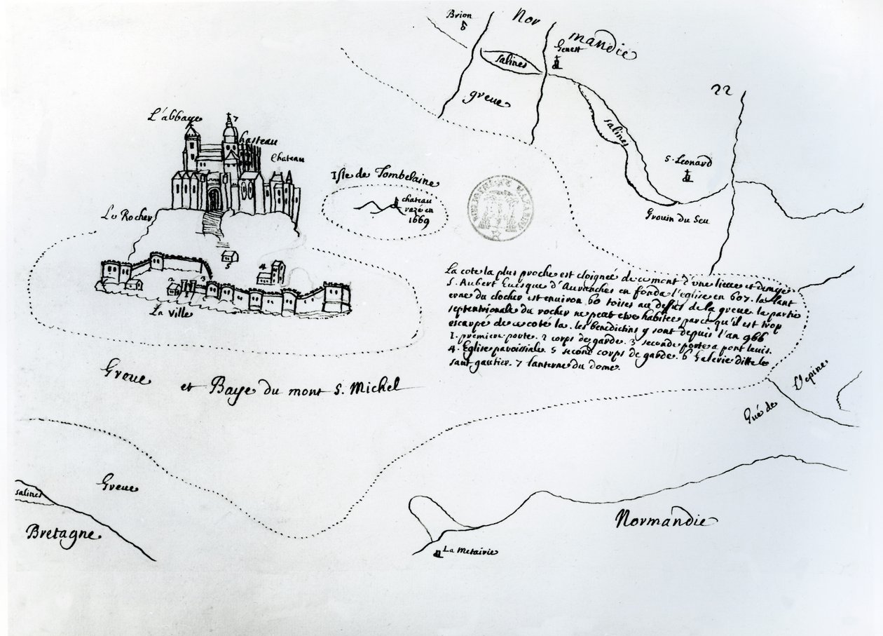 Mapa zálivu Mont Saint-Michel (pero a inkoust na papíře) od French School