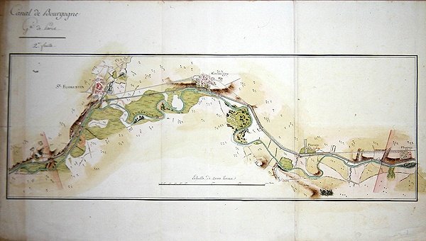 Mapa Canal de Bourgogne, konec 18. století (akvarel na papíře) od French School