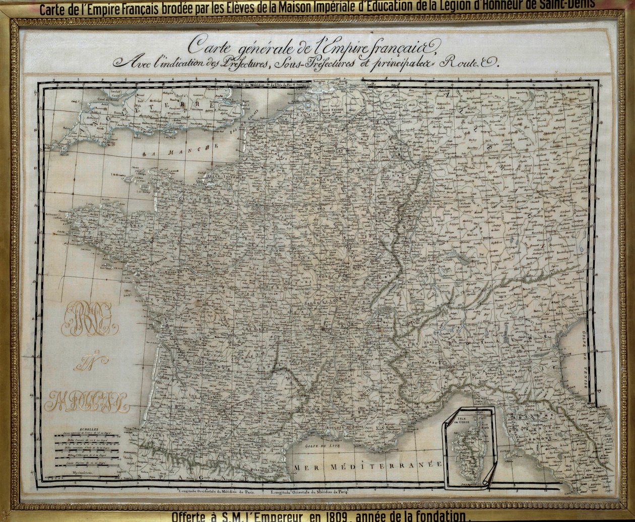 Mapa Francouzského císařství (prvního císařství) vyšívaná studenty císařského domu Čestné legie ze Saint Denis. Vyšívaný obrázek z roku 1809. Ile d