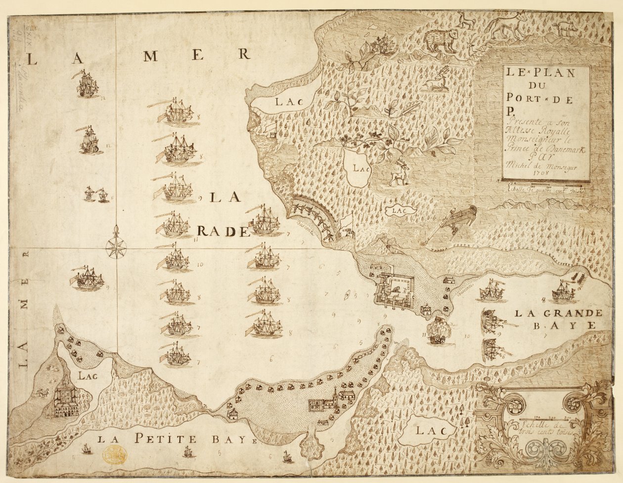 Mapa přístavu Placentia, Kanada (pero a inkoust na papíře) od French School