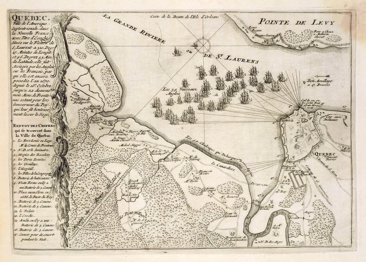 Mapa obléhání Quebecu britskou flotilou, 1670 od French School