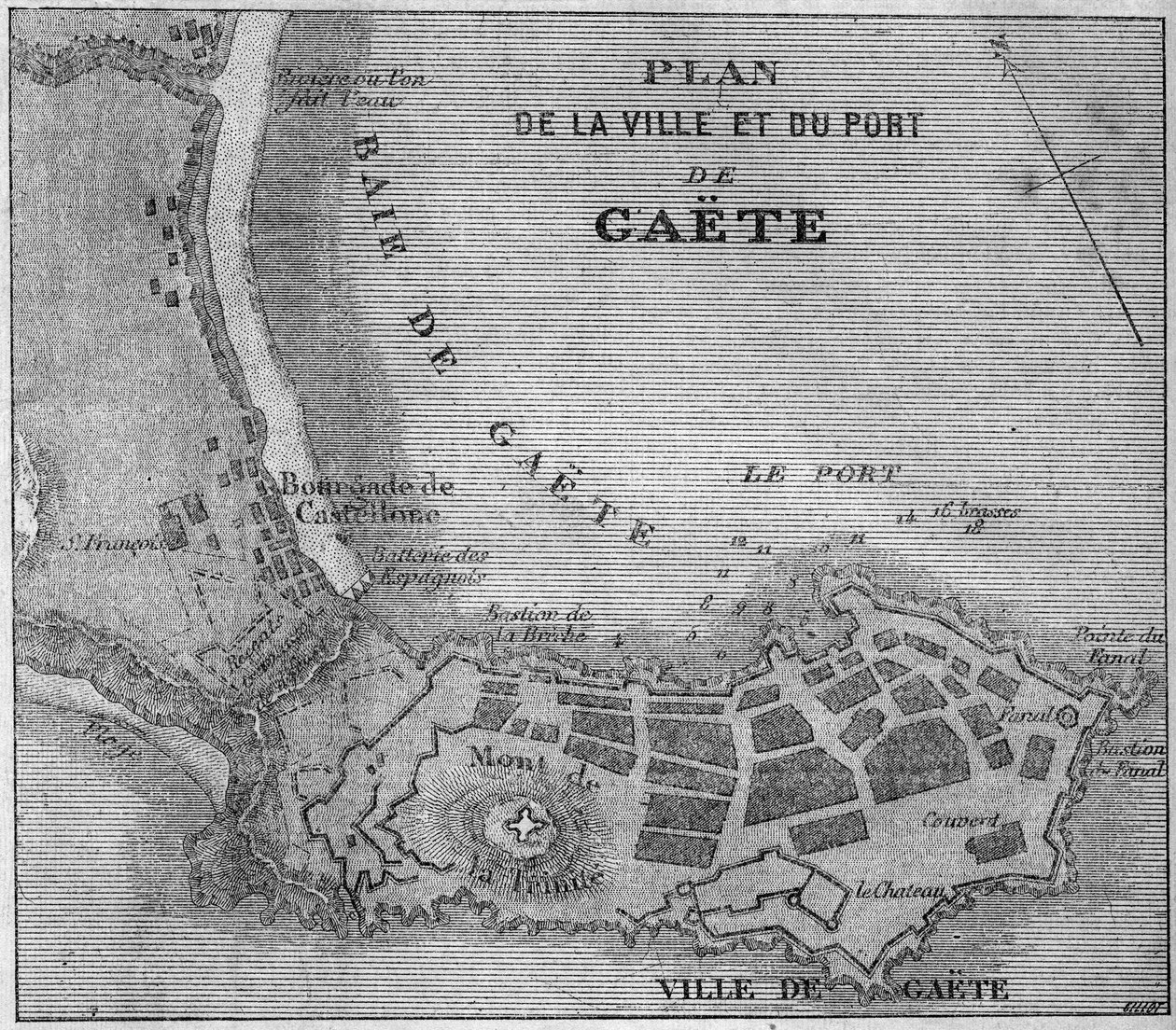 Mapa města a přístavu Gaete (Gaeta), Itálie od French School