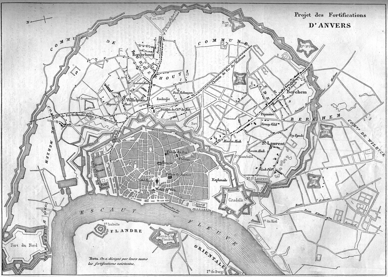 Mapa města Antverpy (Belgie) v roce 1859; představující projekt nového opevnění. Rytina v „“ Le Monde Illustré““ č. 128 z 24. září od French School