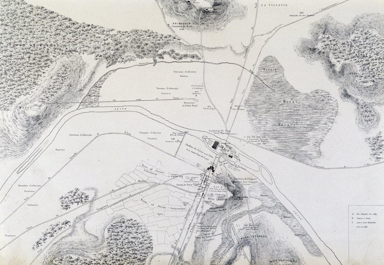 Mapa města Lutèce (Lutetia Parisorium dnes Paříž) a jeho okolí z roku 1882. od French School