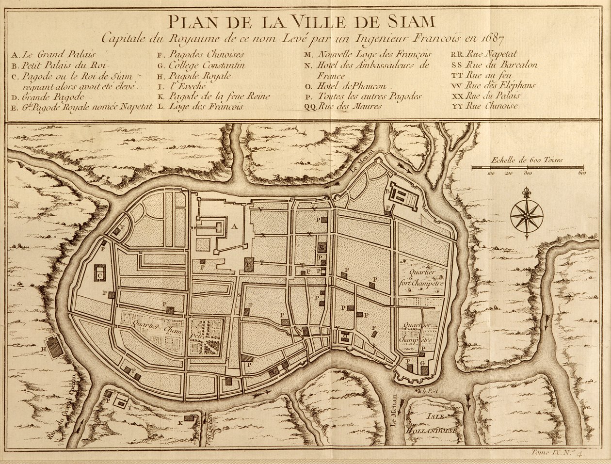 Mapa města Siamu, hlavního města stejnojmenného království, podle průzkumu francouzského inženýra z roku 1687, publikovaná ve vydání Histoire Generale des Voyages Antoina Prevosta z roku 1751. od French School