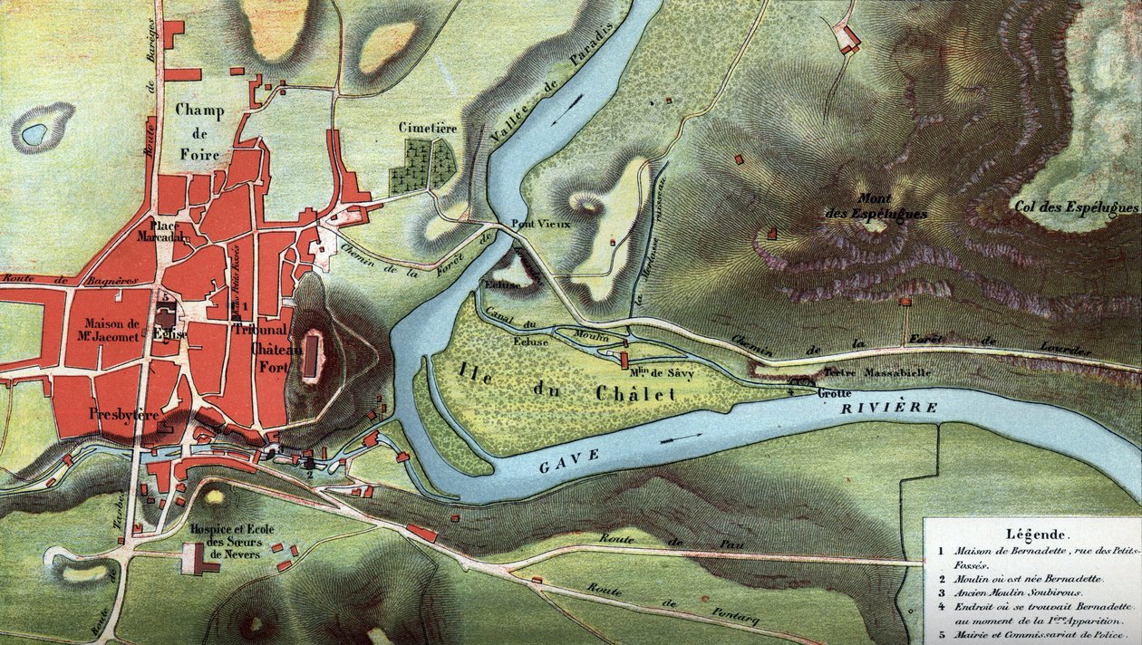 Mapa země Lurdy v roce 1858, rok vizí Bernadette Soubirousové: ukazuje polohu jejího domu a jeskyně. Vysoké Pyreneje (65). Chromolitografie v „“ Notre Dame de Lourdes”” od Henriho Lasserra od French School