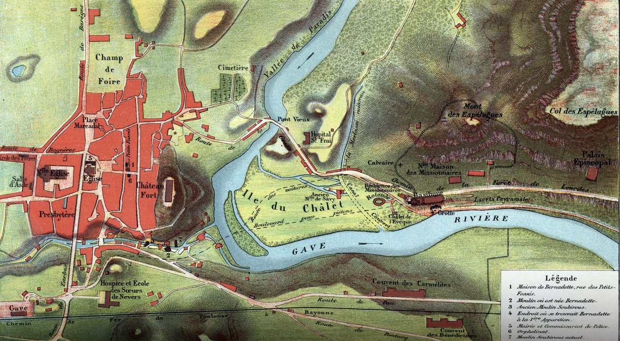 Mapa země Lurdy v roce 1877: ukazuje polohu domu Bernadette Soubirousové, jeskyni, kde by viděla Pannu Marii, a také baziliku, kláštery karmelitánů a benediktinů a biskupský palác. Vysoký Pyren od French School