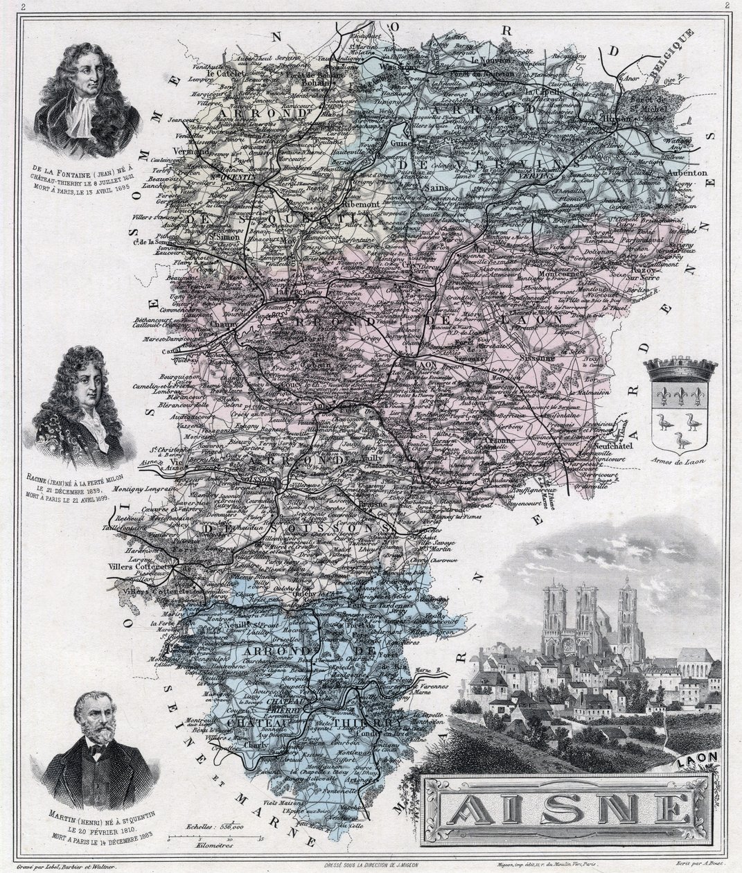 Mapa departementu Aisne (rytina 1889) od French School