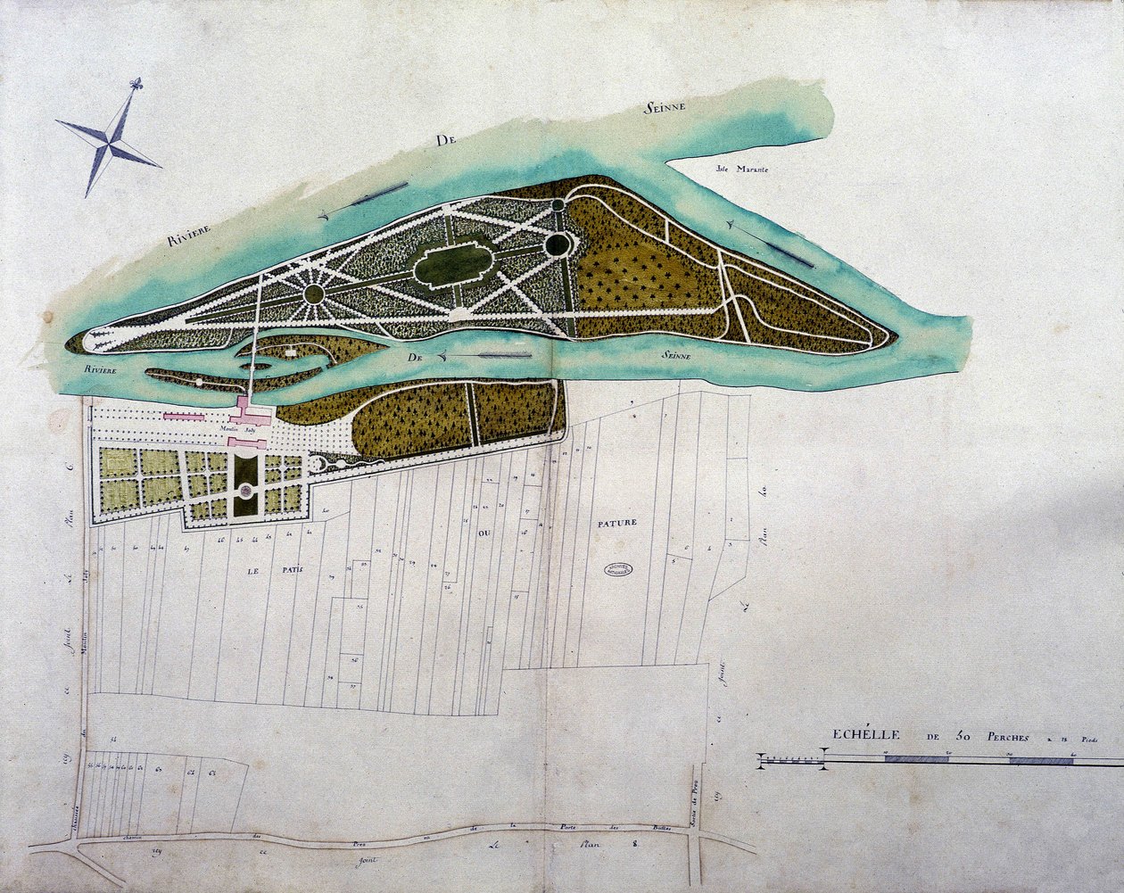 Mapa zahrady Moulin Joly. Deska atlasu plánů území Colombes (1780), zachovaná v Národním archivu. od French School