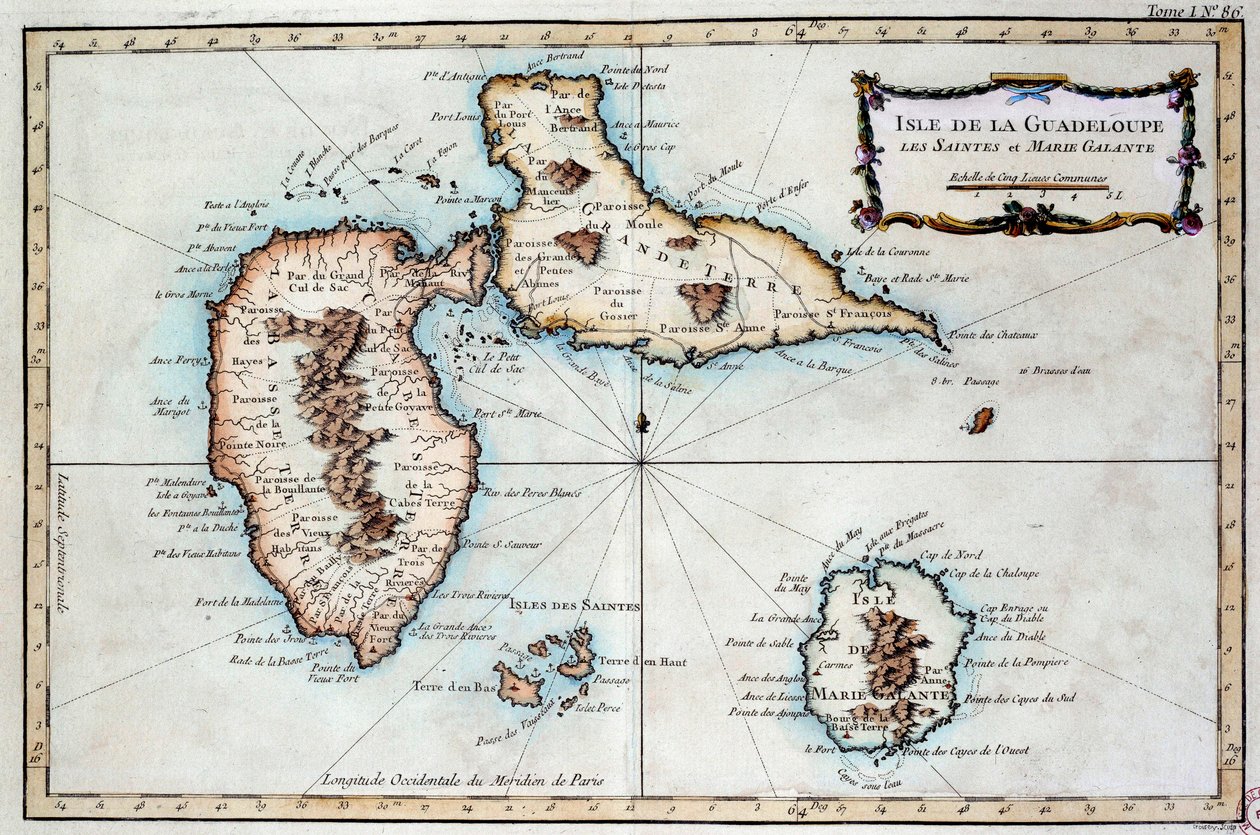 Mapa ostrova Martinik, ostrova Saintes a ostrova Marie Galante v Západní Indii. Rytina z 19. století Chartres, Musee des Beaux Arts od French School