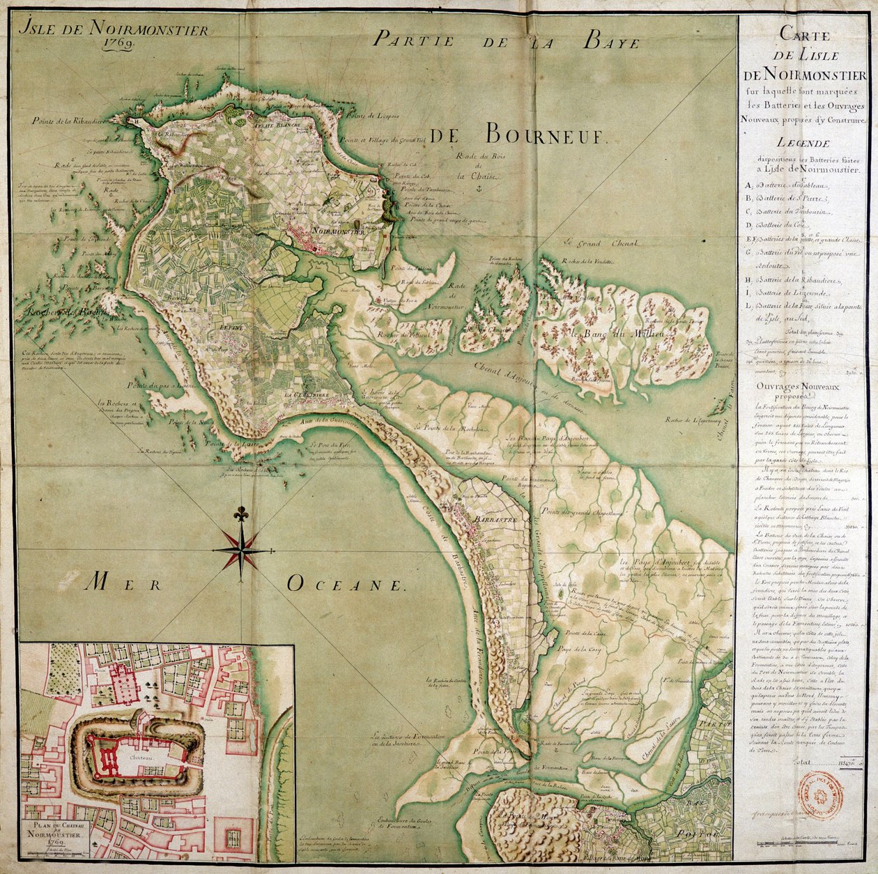 Mapa ostrova Noirmoutier doplněná mapou hradu, vyrobená v roce 1769. od French School