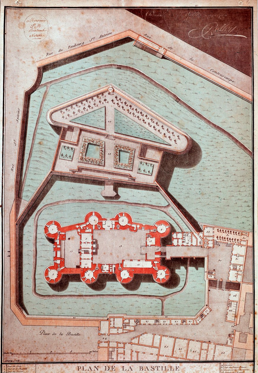 Mapa vězení a zahrad Bastily (rytina od French School