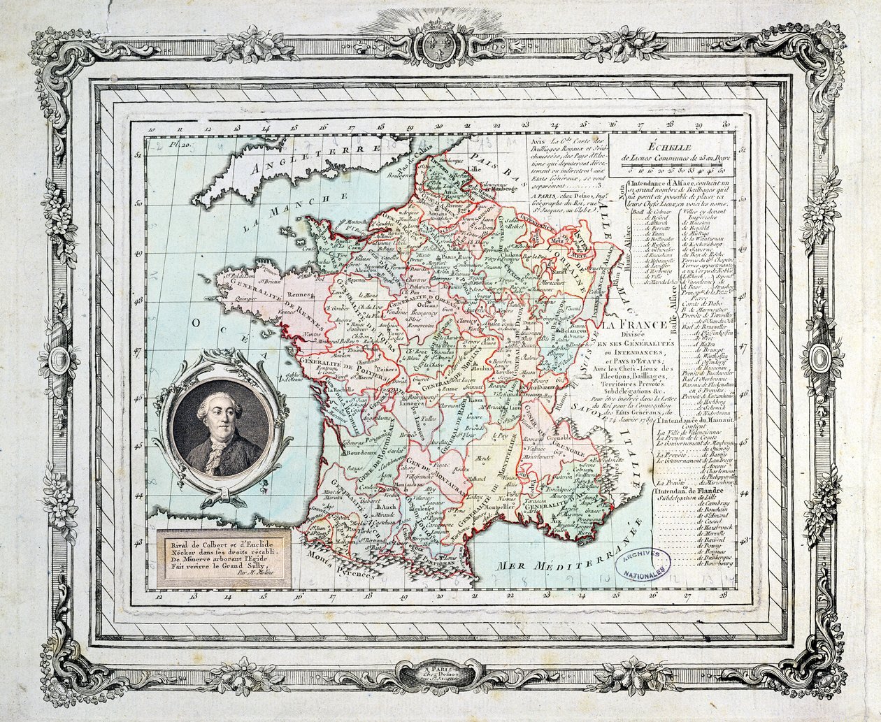 Mapa regionů a okresů Francie, známá jako Carte de Necker, 1789 od French School