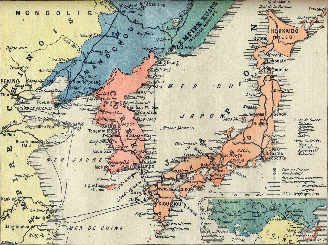 Mapa divadla rusko-japonské války. Mapa válečného divadla Rusko-japonská válka (Japonská ruská válka) - ilustrace pro Le petit Journal, 28. února 1904 od French School