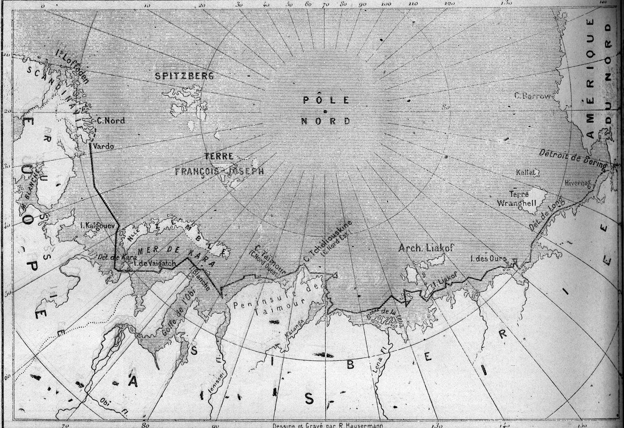Mapa plavby po „“Vegě““ podle průzkumníka Nilse Adolfa Erika (Erica) Barona Nordenskjolda (Nordenskiold) (1832-1901). V roce 1878 Nordenskjold přešel z Atlantského oceánu do Tichého oceánu podél pobřeží Sibiře. Rytina v „“ Le Monde Illust od French School