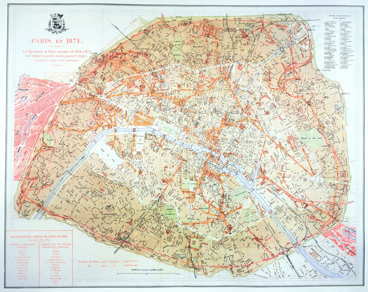 Mapa znázorňující rozsah prací během Haussmannovy doby vývoje v Paříži v letech 1854-71, 1871 od French School