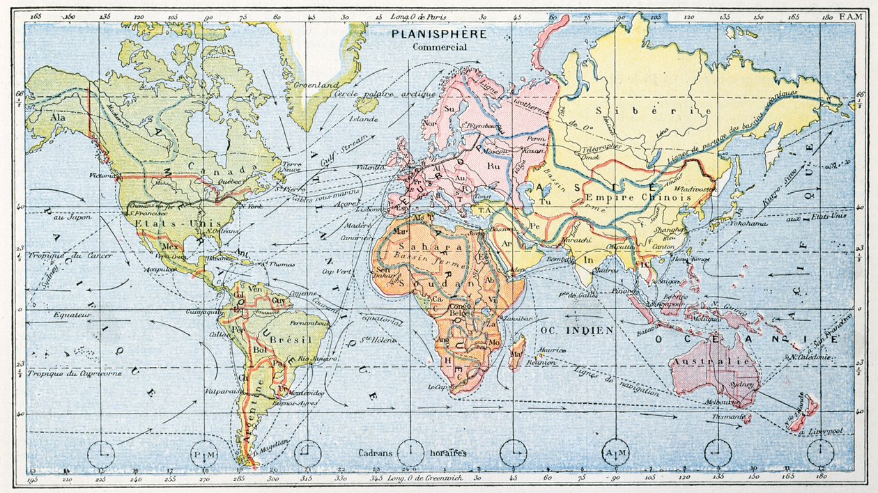Mapa zobrazující hlavní světové obchodní lodní trasy, 1912 od French School