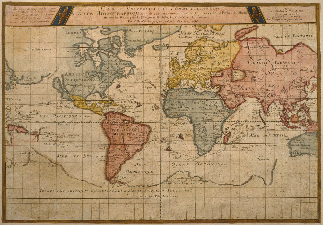 Mapa zobrazující světové obchodní lodní trasy, kartografie Pierra Duvala (1619-83) vydaná v roce 1686, Paříž (barevná rytina) od French School