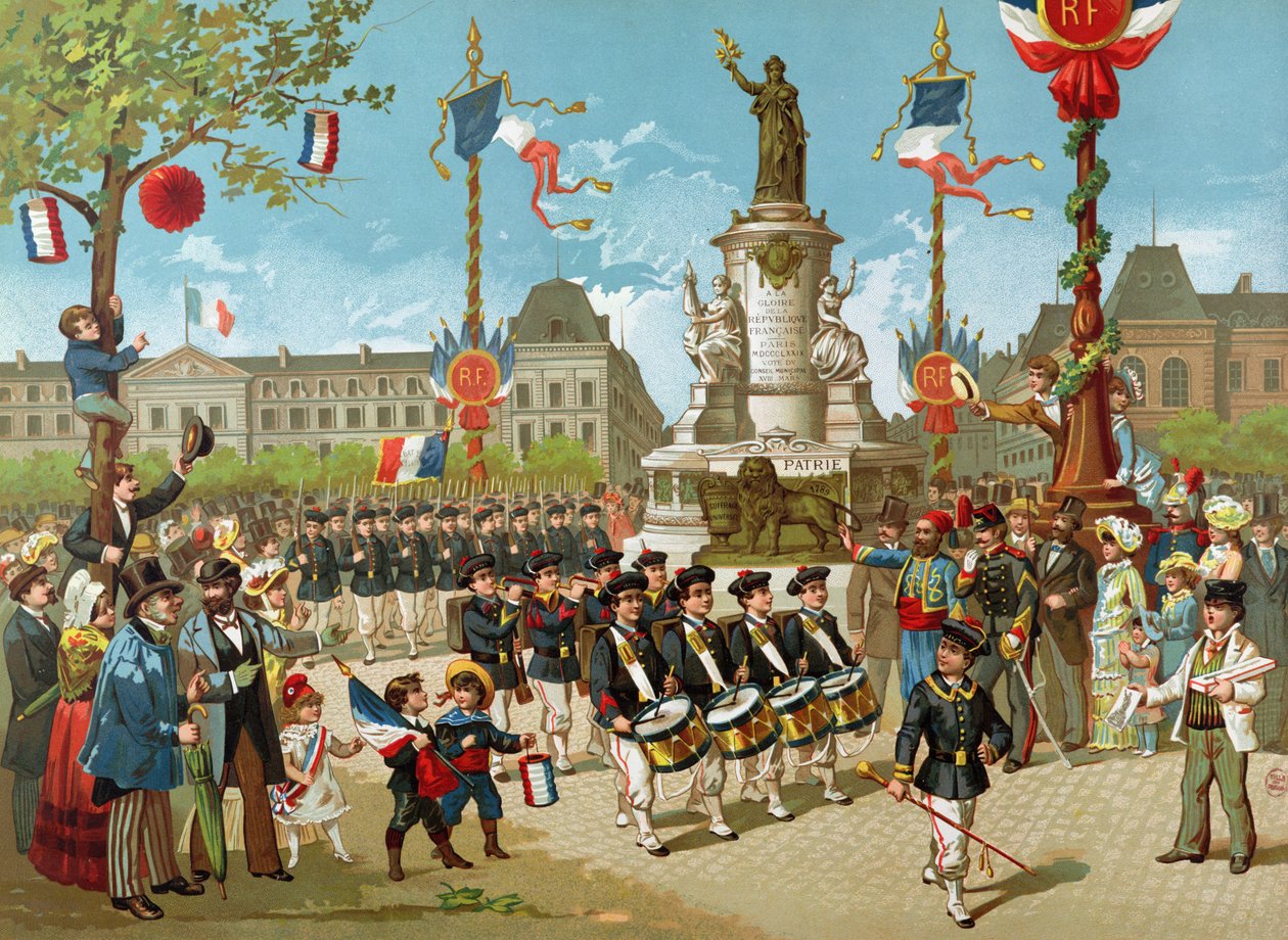 Pochod školních praporů 14. července 1883 na Place de la Republique od French School